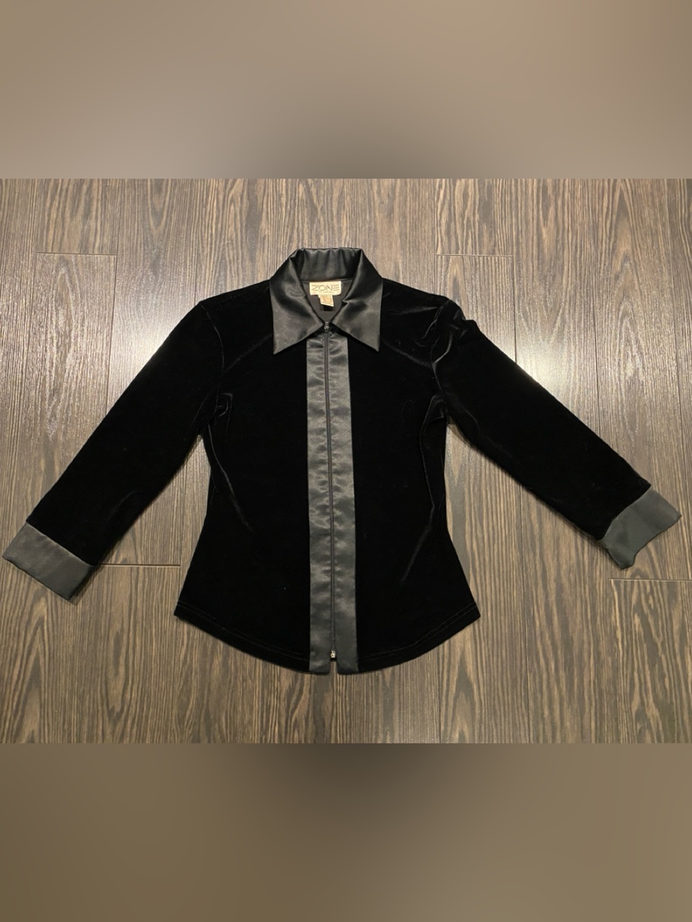 Vintage Black Velvet Zip-Up With Satin Trim | Size 6